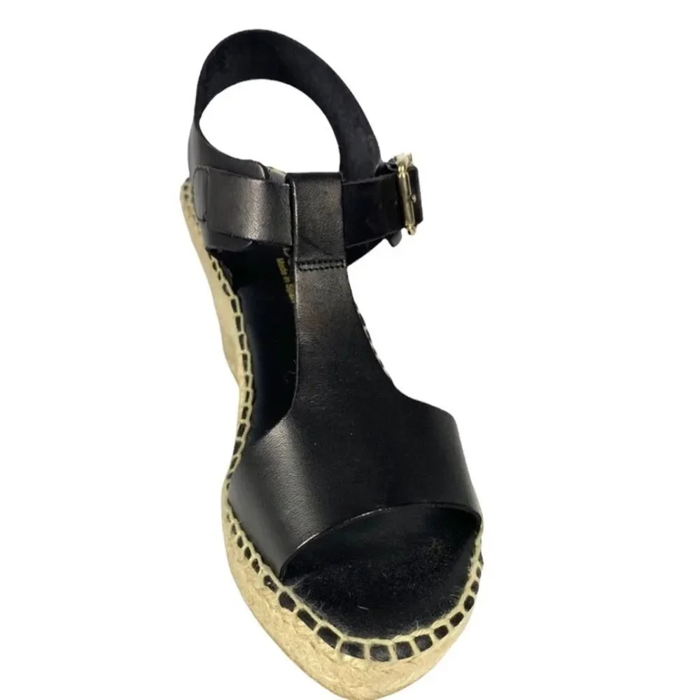 PASEART Black Leather Strappy Espadrille Wedges Made In Spain EU 38 US 7 Medium